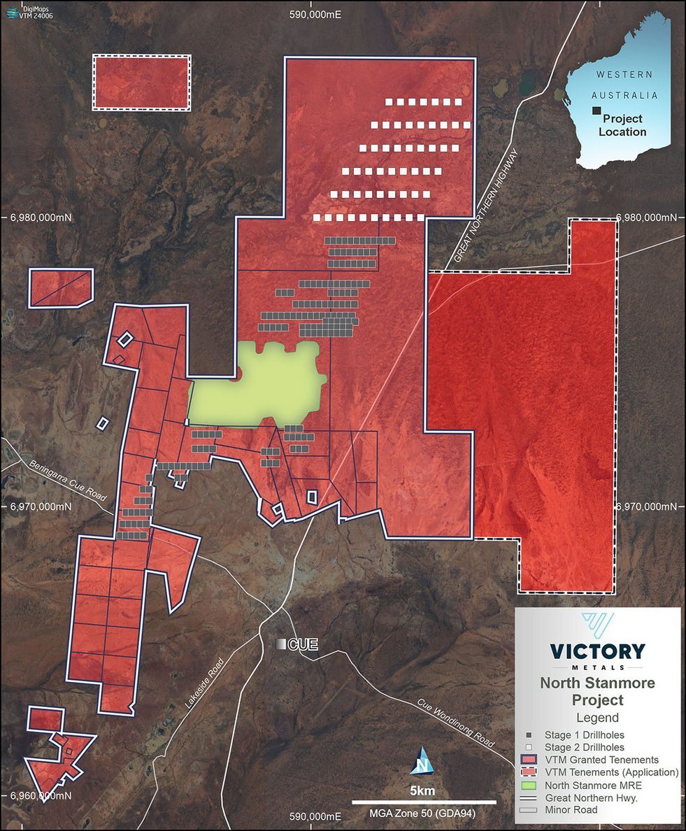 Victory Metals North Stanmore Project satellite map near Cue WA showing VTM granted tenements, Stage 1 and 2 drillholes, and