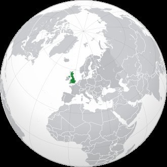 Orthographic globe projection with the United Kingdom highlighted in green, centered on Western Europe and the North Atlantic
