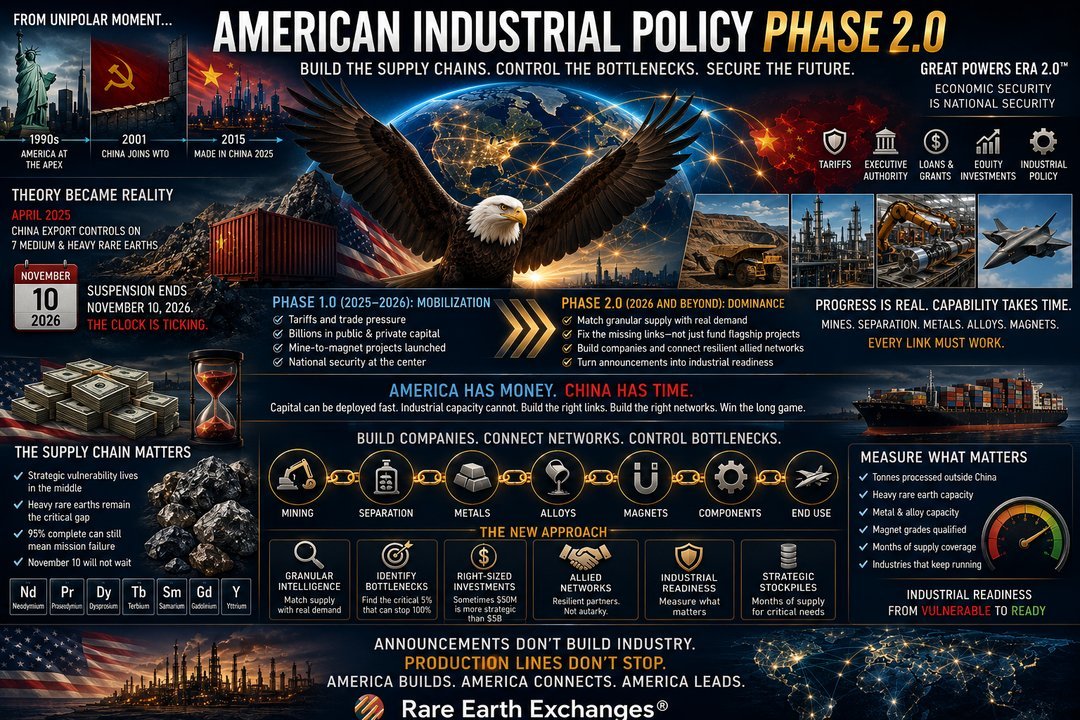 Rare Earth Exchanges infographic outlining US industrial policy phases, China export controls on rare earths, and mine-to-mag