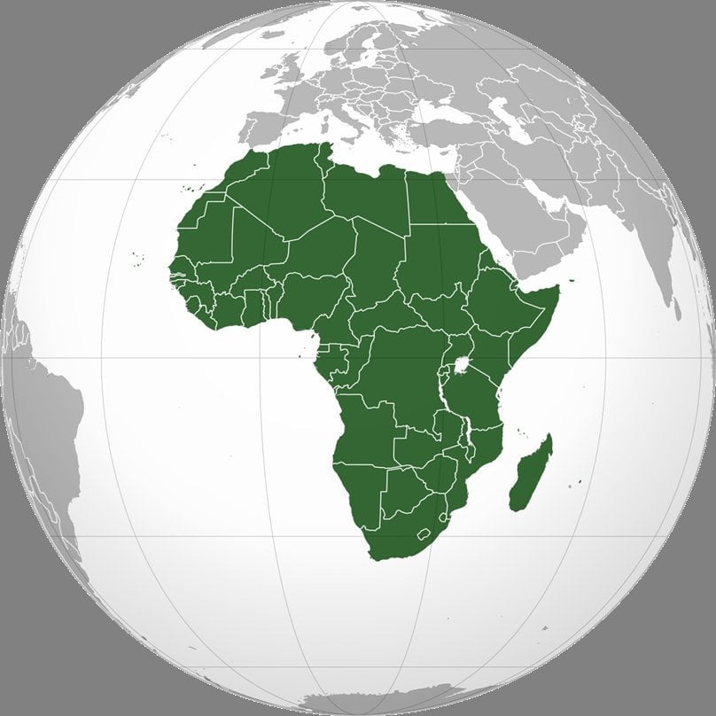 Orthographic globe projection highlighting all 54 African countries in dark green with white borders, Europe and Middle East