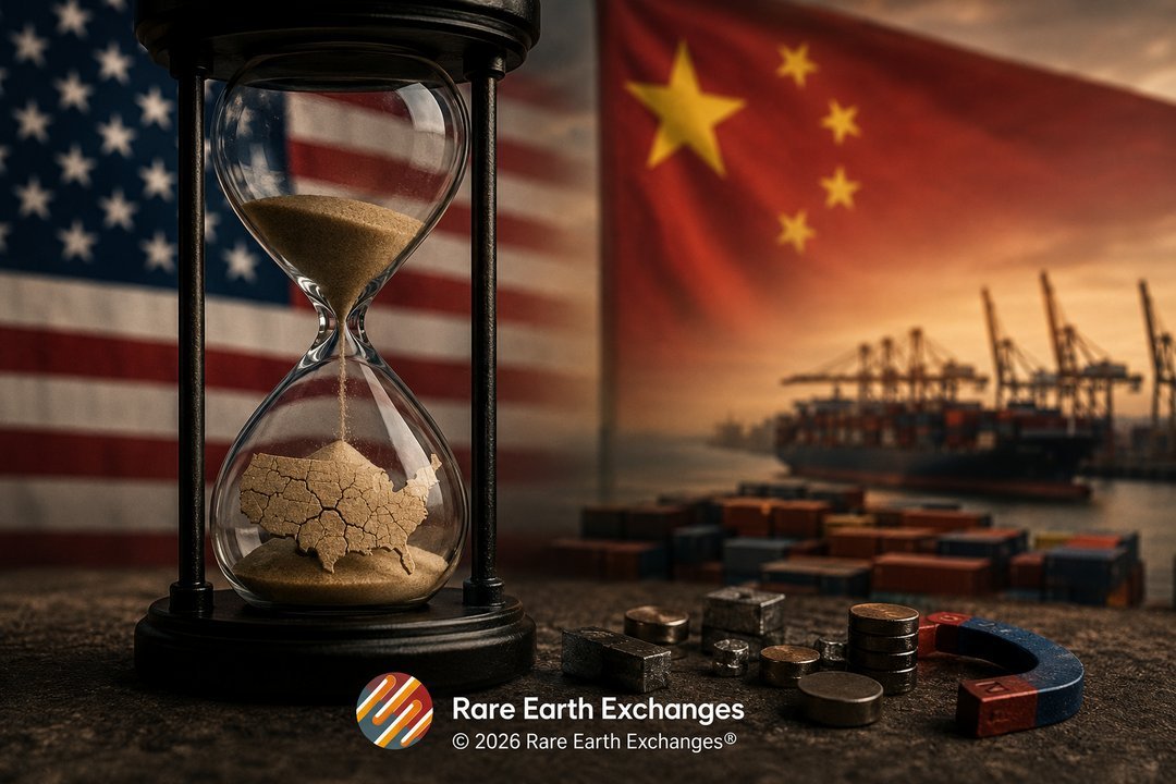 Hourglass with cracked United States map shape in sand, Chinese flag and shipping port cranes behind, rare earth magnets fore
