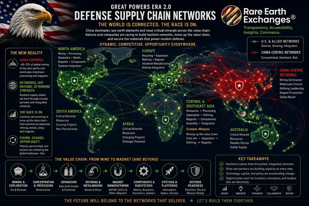 Rare Earth Exchanges infographic mapping China-centric vs US allied rare earth defense supply chain networks across North Ame