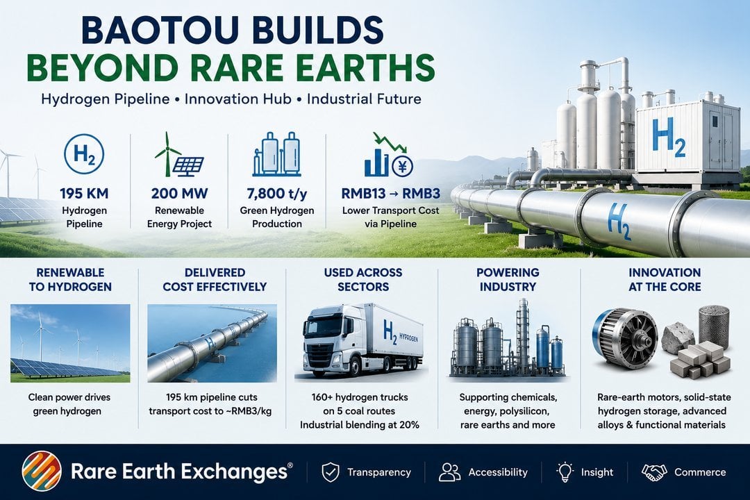 Baotou hydrogen infrastructure: 195km pipeline, 200MW renewable project, 7800 t/y green hydrogen production, RMB13 to RMB3 tr
