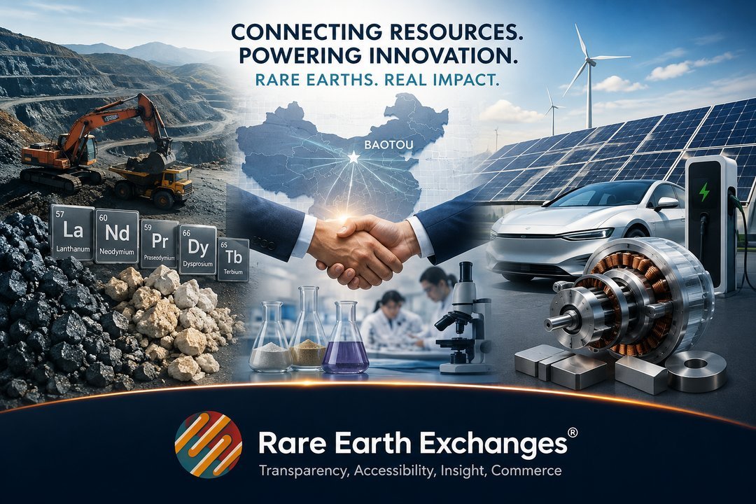 Rare Earth Exchanges promotional collage featuring Baotou China map, periodic elements La Nd Pr Dy Tb, open-pit mine, EV char