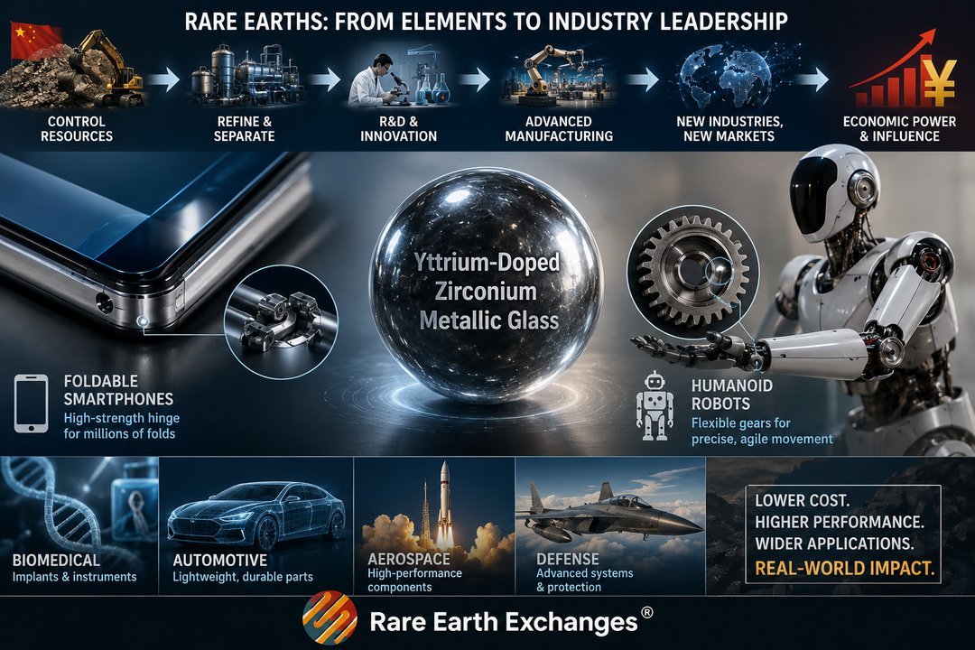 Rare Earth Exchanges infographic: China rare earth supply chain from mining to economic power, featuring Yttrium-Doped Zircon