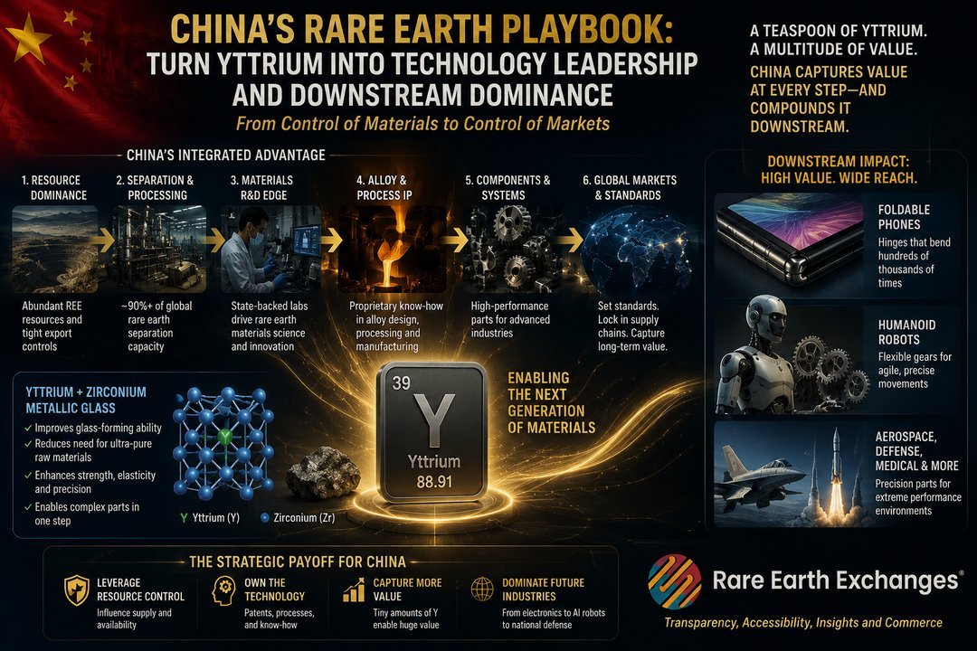 Infographic of China's rare earth yttrium strategy across 6 integrated advantage stages from resource dominance to global mar