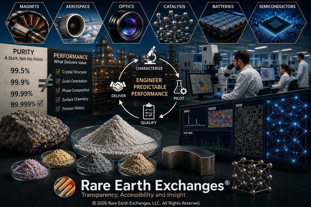 Rare Earth Exchanges LLC infographic: 99.999% purity rare earth powders, characterize-pilot-qualify-deliver cycle, XRD EBSD S