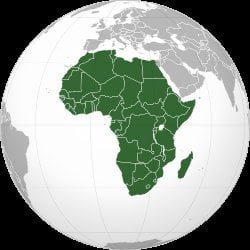 Orthographic globe projection highlighting Africa continent in green with visible country borders, surrounded by Atlantic and