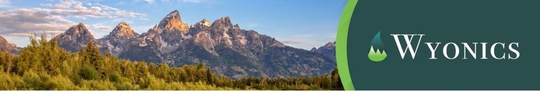 Wyonics company logo beside sunlit Grand Teton mountain peaks with snow patches above dense green pine forest in Wyoming