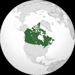 Green shaded Canada on a globe map, spanning from Atlantic to Pacific to Arctic, bordered by United States to the south
