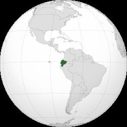 Ecuador highlighted in dark green on a globe map, located on the western coast of South America, bordering Colombia and Peru