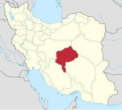 Isfahan Province marked in red at center of Iran administrative map with provincial borders and neighboring countries visible