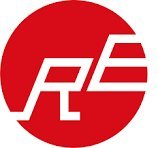 Red circular logo with bold white stylized letters R and E with horizontal lines, corporate brand mark