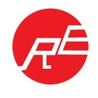 Bold red circular logo with white stylized letters R and E with horizontal lines on white background