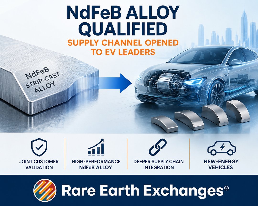 Rare Earth Exchanges NdFeB strip-cast alloy qualified for EV supply chain, featuring magnet segments and electric vehicle mot