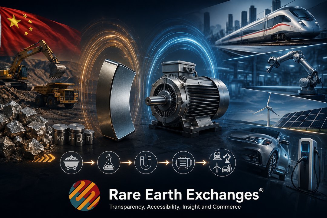 Rare Earth Exchanges infographic: Chinese mining of neodymium praseodymium dysprosium terbium processed into NdFeB magnets po