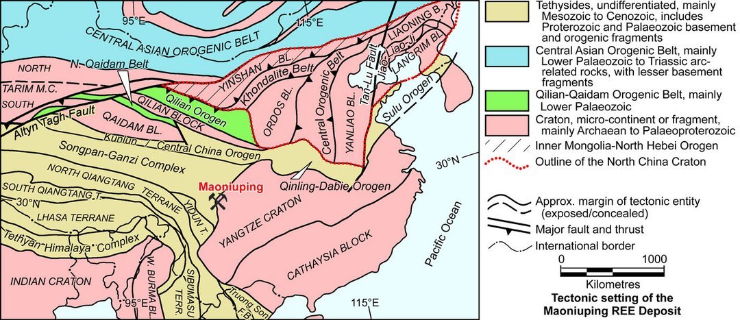 Tectonic map of Maoniuping REE Deposit location within Central Asian Orogenic Belt, Yangtze Craton, and Qilian-Qaidam Orogeni