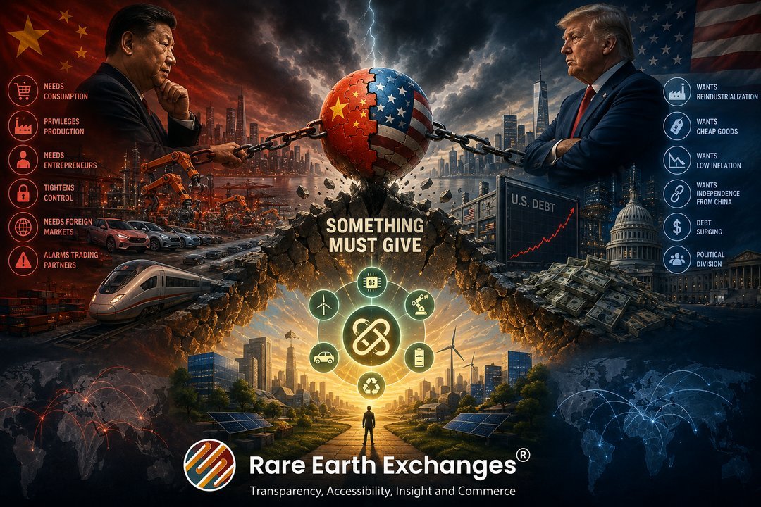 Rare Earth Exchanges infographic contrasting Xi Jinping China production priorities versus Trump US reindustrialization goals