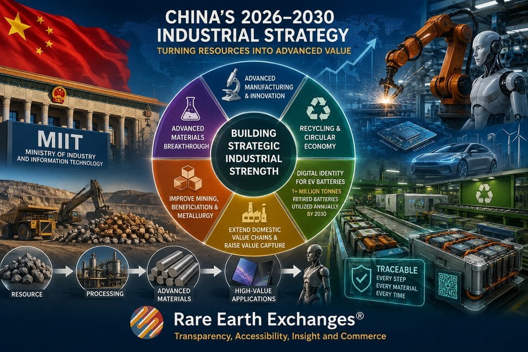 China MIIT 2026-2030 industrial strategy wheel: advanced manufacturing, recycling circular economy, EV battery digital identi