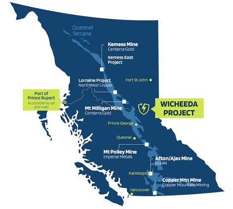 Map of British Columbia Canada marking Wicheeda Project near Prince George alongside Kemess Mine Centerra Gold Mt Milligan an