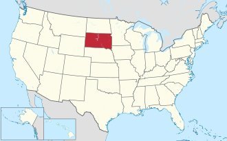 South Dakota state highlighted in red on a political map of the contiguous United States with Alaska and Hawaii inset maps