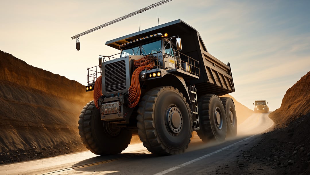 Electric Mining Trucks Photorealistic golden-hour scene of **electric mining trucks** showing a massive battery-electric open-pit haul truck climbing a steep dusty road with huge tires, visible orange high-voltage cabling, wheel-motor hubs, a faint trolley-assist line and pantograph overhead, and a partially opened panel revealing a modern traction motor/inverter module against rocky terraced pit walls.