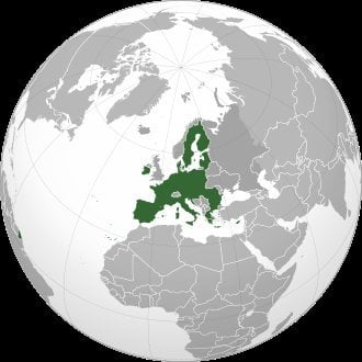 Orthographic globe map with 27 European Union member states marked in dark green, centered on Europe and North Africa
