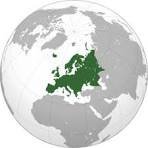 Orthographic globe projection with European continent and EU member states highlighted in green against gray world background