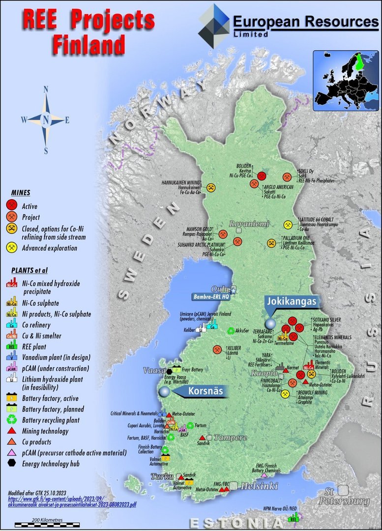 Finland REE projects map by European Resources Limited marking active mines at Sotkamo, Jokikangas, Korsnäs with battery fact