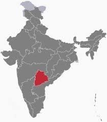 Map of India with Telangana state highlighted in red, surrounded by gray Indian states and union territories