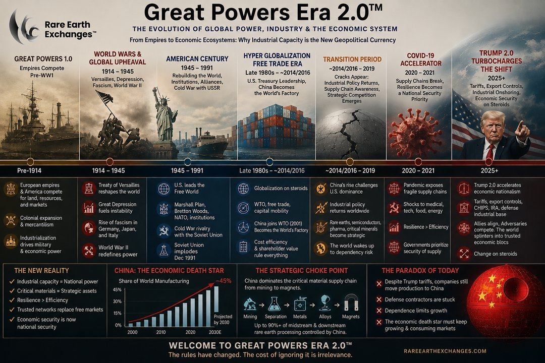 Rare Earth Exchanges infographic tracing geopolitical power shifts from Pre-1914 empires through Trump 2.0 2025 tariffs and C