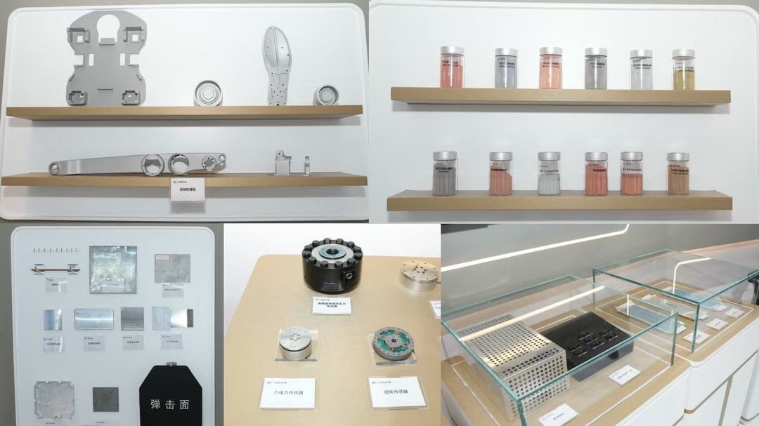 Aluminum robotic structural parts, colored metal powders in glass jars, six-axis force torque sensors, and ballistic impact p