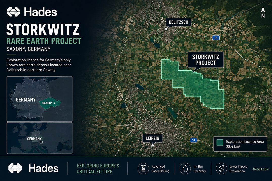 Hades Mining Storkwitz Rare Earth Project exploration licence area of 28.4 km² near Delitzsch, northern Saxony, Germany, betw
