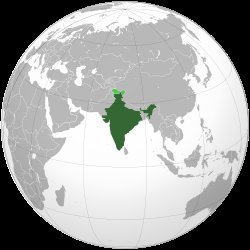Orthographic globe map highlighting India in dark green, bordered by Pakistan, China, Nepal, Bangladesh, and Sri Lanka in Sou
