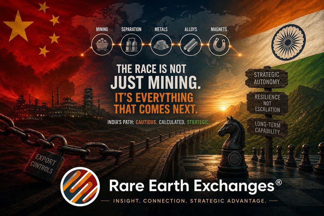 Rare Earth Exchanges infographic contrasting China export controls with India's strategic autonomy path across rare earth min