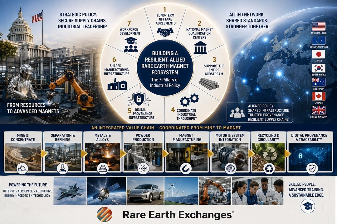Rare Earth Exchanges infographic outlining 7 pillars for building a resilient allied rare earth magnet ecosystem, featuring U