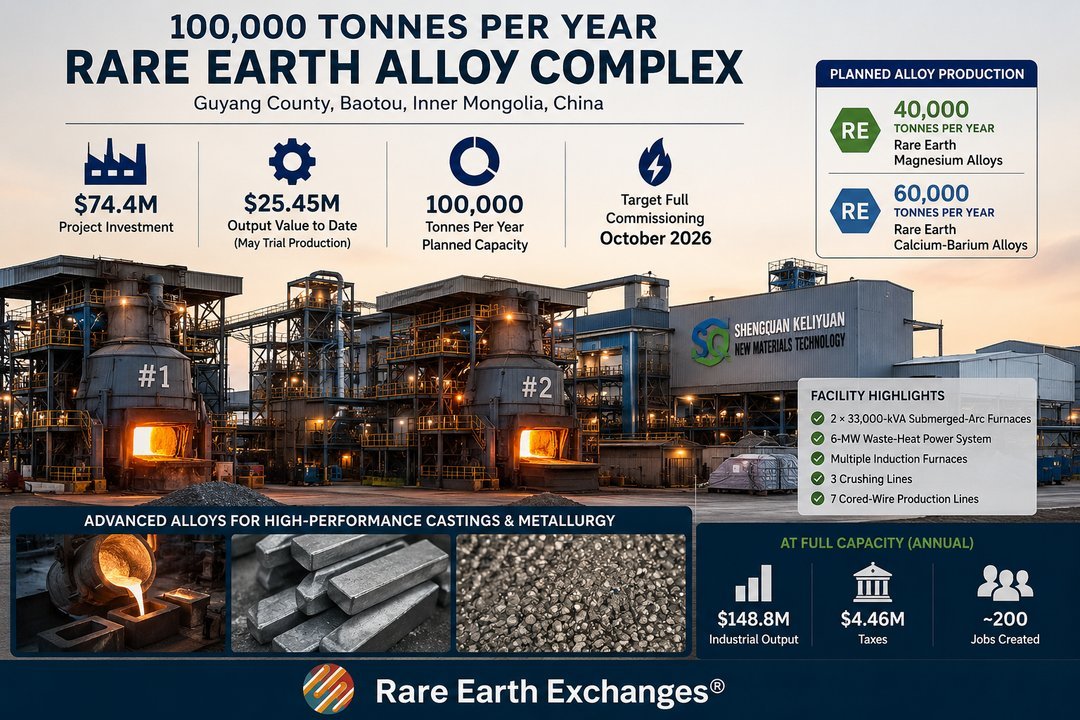 Rare Earth Exchanges infographic for 74.4M USD Shenguan Keliyuan rare earth alloy complex in Guyang County Baotou producing 1