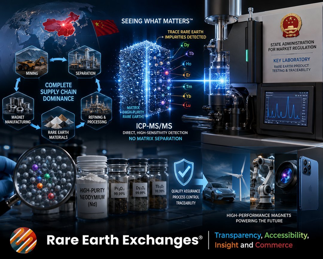 Rare Earth Exchanges infographic: China rare earth supply chain from mining to magnet manufacturing with ICP-MS/MS detection