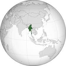 Myanmar formerly Burma highlighted in green on an orthographic globe projection centered on Southeast Asia and the Indian sub