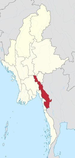 Kayin State highlighted in red on a political map of Myanmar, located in the southeastern region bordering Thailand