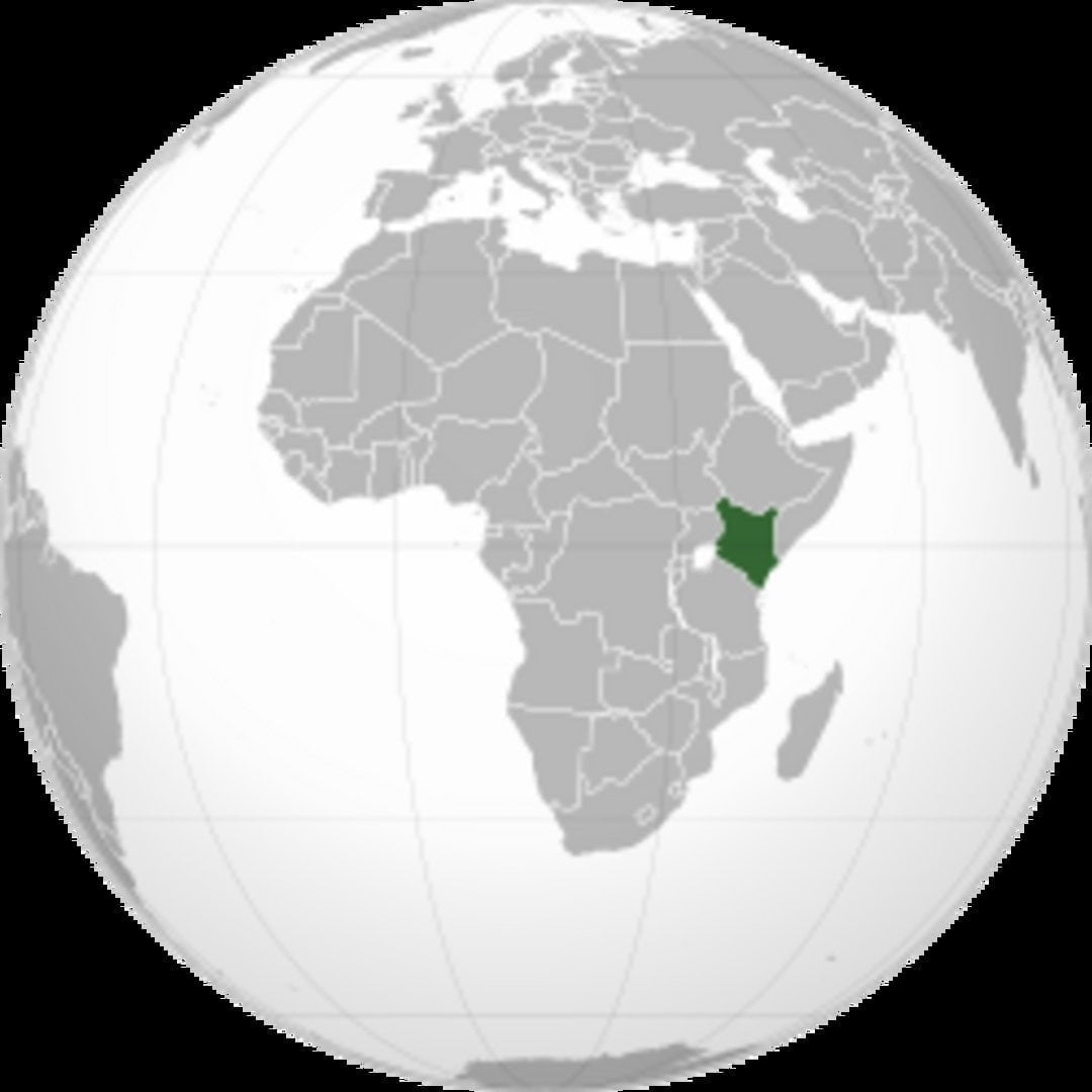 Orthographic globe projection with Kenya marked in dark green in East Africa, surrounded by grey countries on African contine
