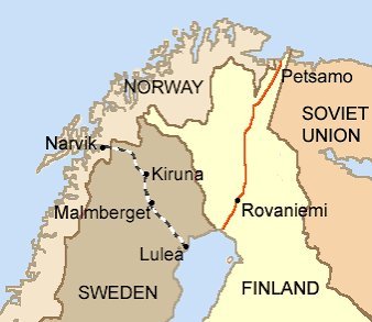 WWII-era map of northern Scandinavia highlighting iron ore railway route from Narvik through Kiruna and Lulea, bordering Sovi