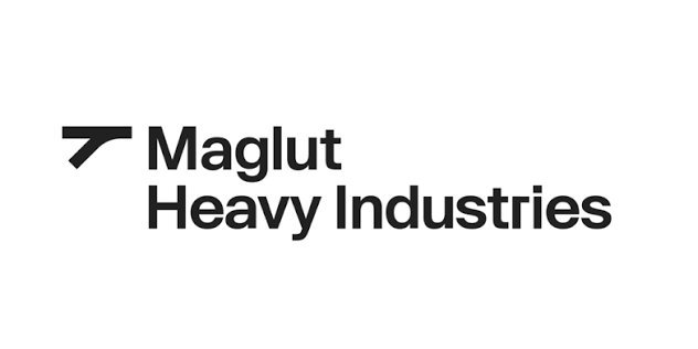 Maglut Heavy Industries company logo featuring bold black sans-serif typography and a geometric arrow icon on white backgroun
