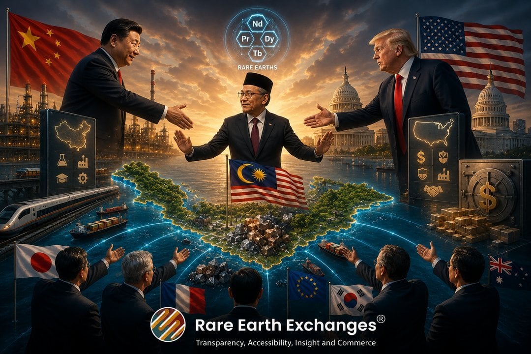 Malaysian PM mediates rare earth minerals deal between China and USA flanked by Japan EU South Korea Australia France flags a