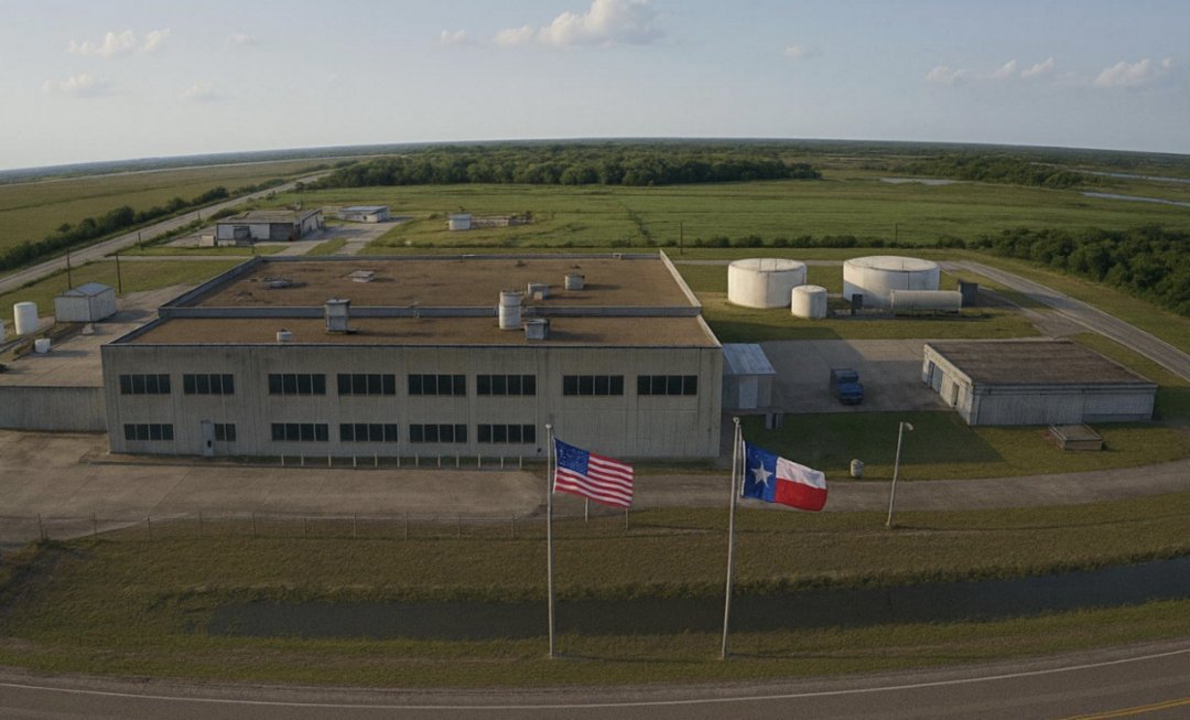 Aerial perspective of a concrete industrial building in rural Texas with American and Texas state flags on flagpoles, storage