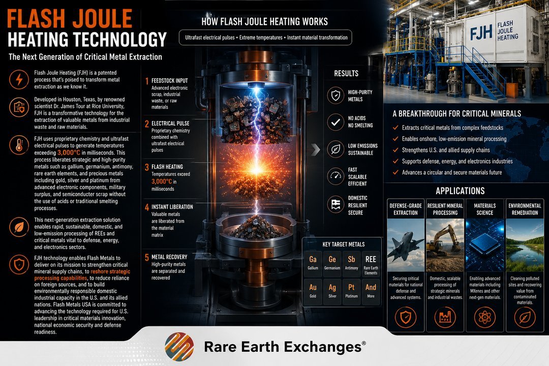 Flash Joule Heating FJH technology infographic by Rare Earth Exchanges extracting gallium germanium rare earth elements via 3