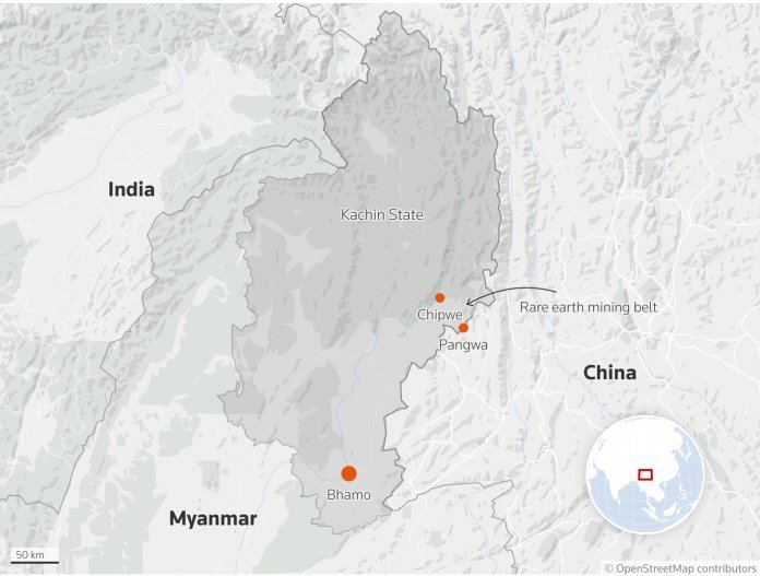 Map of Kachin State Myanmar bordering India and China highlighting rare earth mining belt near Chipwe and Pangwa townships no