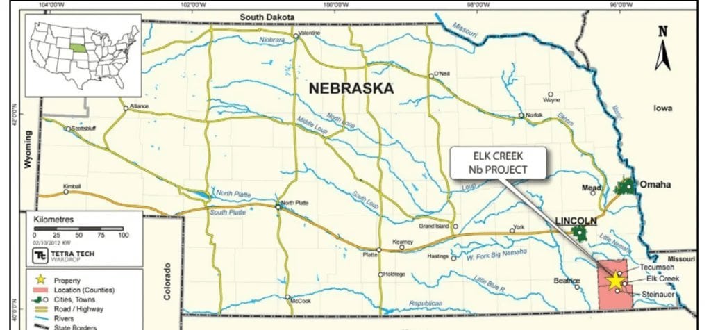 Tetra Tech Wardrop map of Elk Creek Nb Niobium Project site in southeastern Nebraska near Beatrice and Tecumseh, southeast of