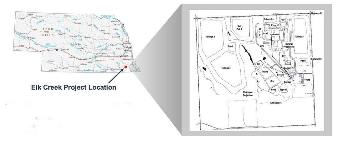 Nebraska state map with red dot marking Elk Creek Project near Beatrice, expanding to detailed mine site plan with tailings,