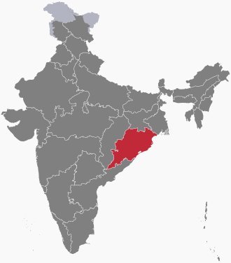 Odisha state marked in red on a gray India map, located on the eastern coast bordering West Bengal, Jharkhand, Chhattisgarh,